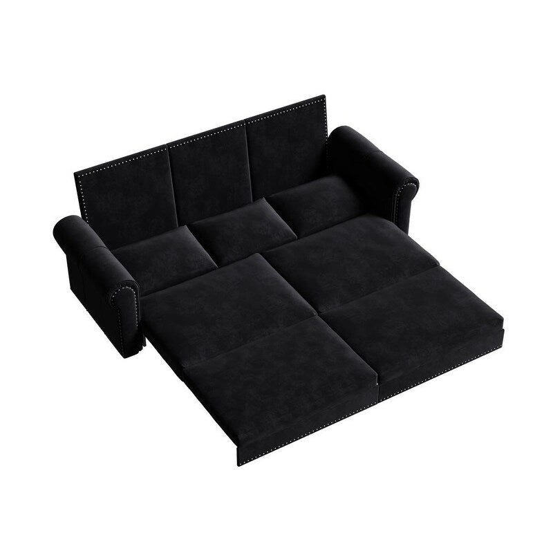 Canapé convertible 3 en 1 King size Chesterfield, en velours/similicuir, avec clous décoratifs et accoudoirs arrondis