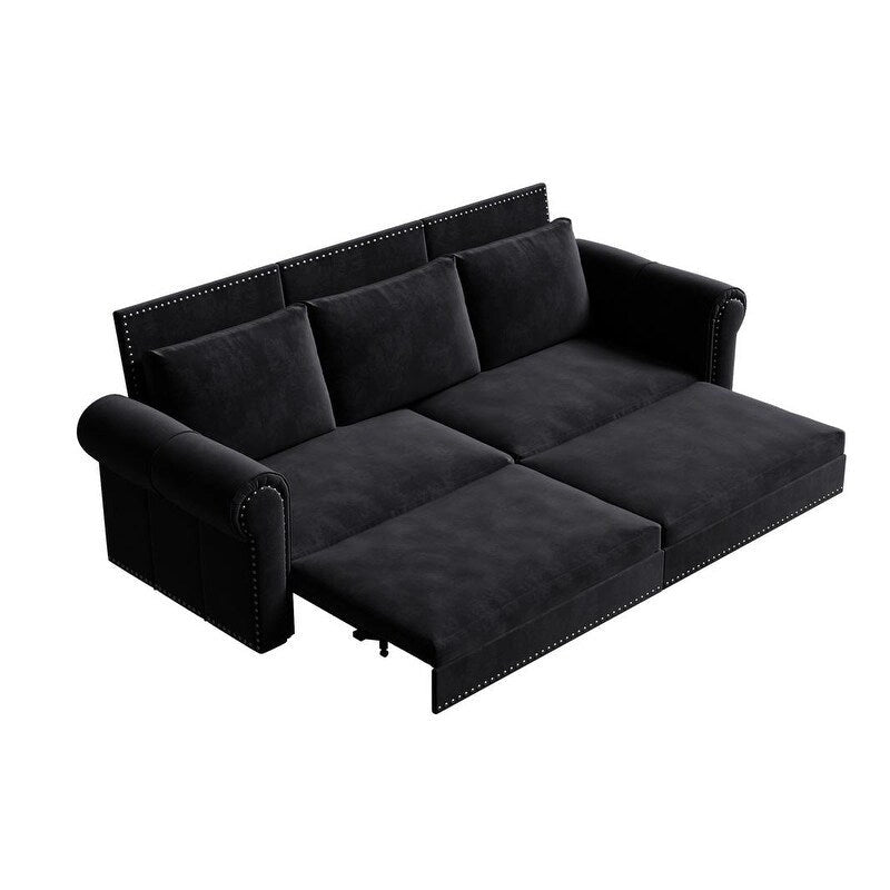 Canapé convertible 3 en 1 King size Chesterfield, en velours/similicuir, avec clous décoratifs et accoudoirs arrondis