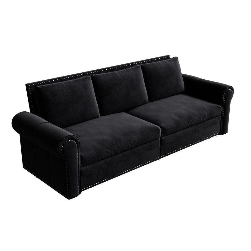 Canapé convertible 3 en 1 King size Chesterfield, en velours/similicuir, avec clous décoratifs et accoudoirs arrondis
