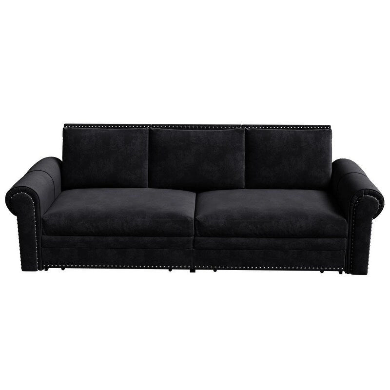 Canapé convertible 3 en 1 King size Chesterfield, en velours/similicuir, avec clous décoratifs et accoudoirs arrondis