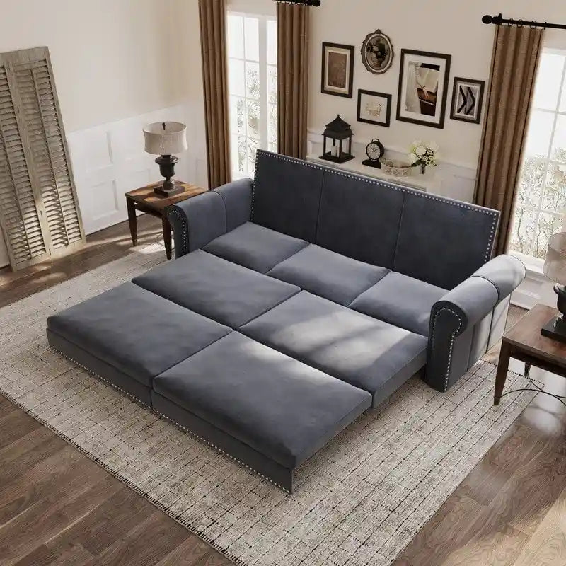 Canapé convertible 3 en 1 King size Chesterfield, en velours/similicuir, avec clous décoratifs et accoudoirs arrondis