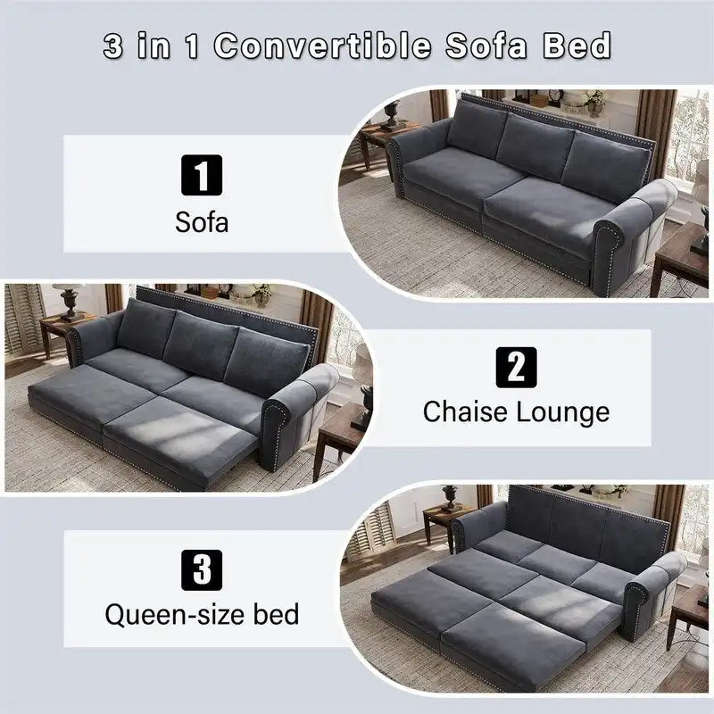 Canapé convertible 3 en 1 King size Chesterfield, en velours/similicuir, avec clous décoratifs et accoudoirs arrondis
