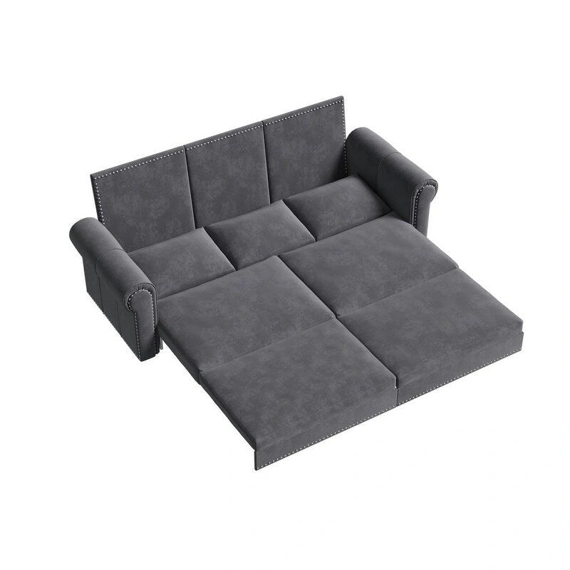 Canapé convertible 3 en 1 King size Chesterfield, en velours/similicuir, avec clous décoratifs et accoudoirs arrondis