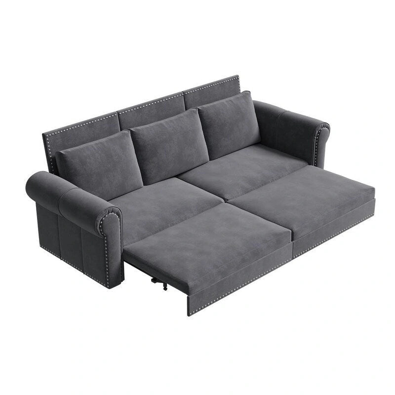 Canapé convertible 3 en 1 King size Chesterfield, en velours/similicuir, avec clous décoratifs et accoudoirs arrondis