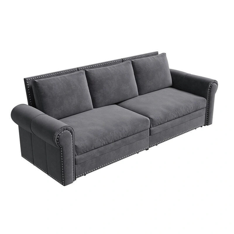 Canapé convertible 3 en 1 King size Chesterfield, en velours/similicuir, avec clous décoratifs et accoudoirs arrondis