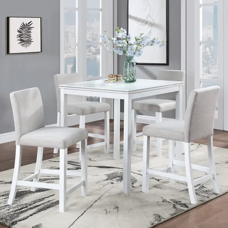 Ensemble de salle à manger 5 pièces, hauteur comptoir, en bois, avec table carrée et 4 chaises rembourrées