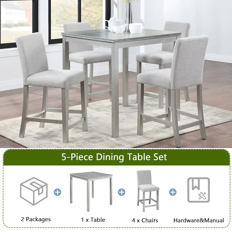 Ensemble de salle à manger 5 pièces, hauteur comptoir, en bois, avec table carrée et 4 chaises rembourrées