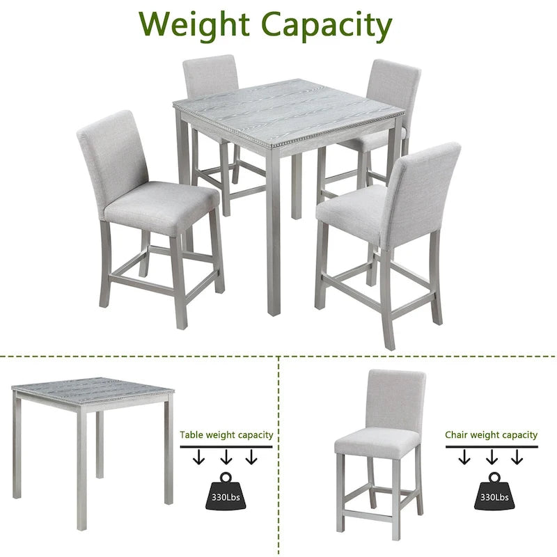 Ensemble de salle à manger 5 pièces, hauteur comptoir, en bois, avec table carrée et 4 chaises rembourrées
