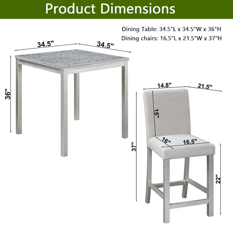 Ensemble de salle à manger 5 pièces, hauteur comptoir, en bois, avec table carrée et 4 chaises rembourrées