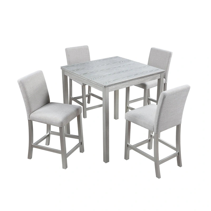 Ensemble de salle à manger 5 pièces, hauteur comptoir, en bois, avec table carrée et 4 chaises rembourrées