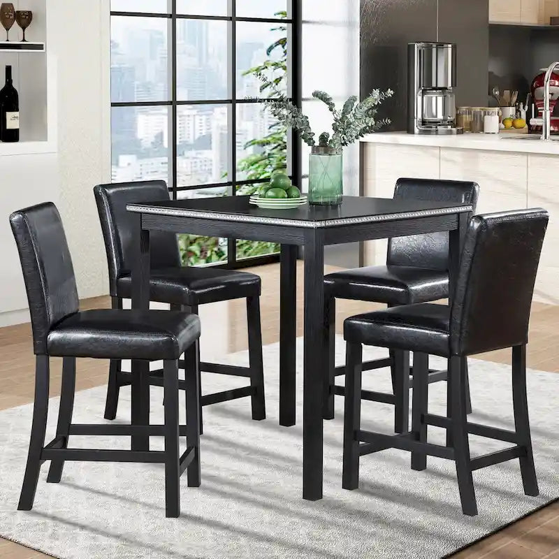 Ensemble de salle à manger 5 pièces, hauteur comptoir, en bois, avec table carrée et 4 chaises rembourrées