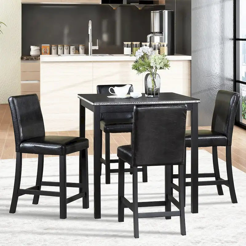 Ensemble de salle à manger 5 pièces, hauteur comptoir, en bois, avec table carrée et 4 chaises rembourrées