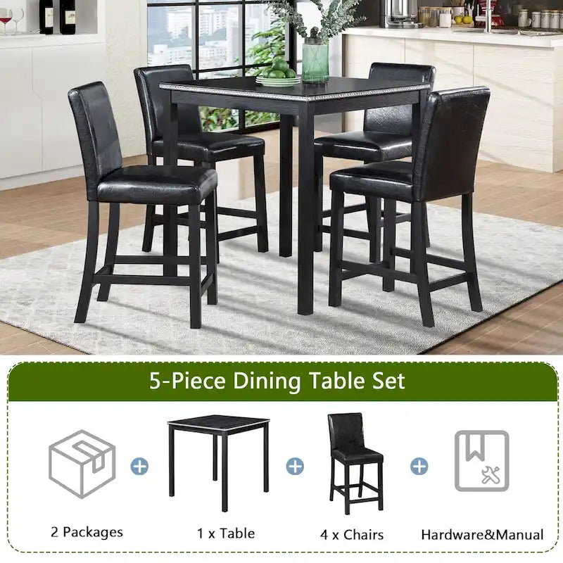 Ensemble de salle à manger 5 pièces, hauteur comptoir, en bois, avec table carrée et 4 chaises rembourrées