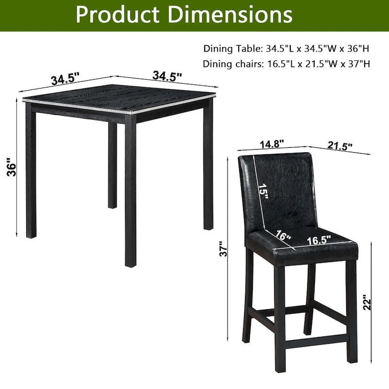 Ensemble de salle à manger 5 pièces, hauteur comptoir, en bois, avec table carrée et 4 chaises rembourrées