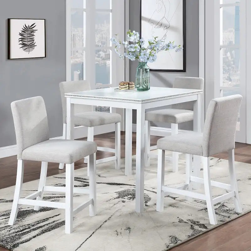 Ensemble de salle à manger 5 pièces, hauteur comptoir, en bois, avec table carrée et 4 chaises rembourrées