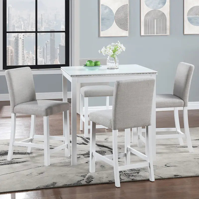 Ensemble de salle à manger 5 pièces, hauteur comptoir, en bois, avec table carrée et 4 chaises rembourrées