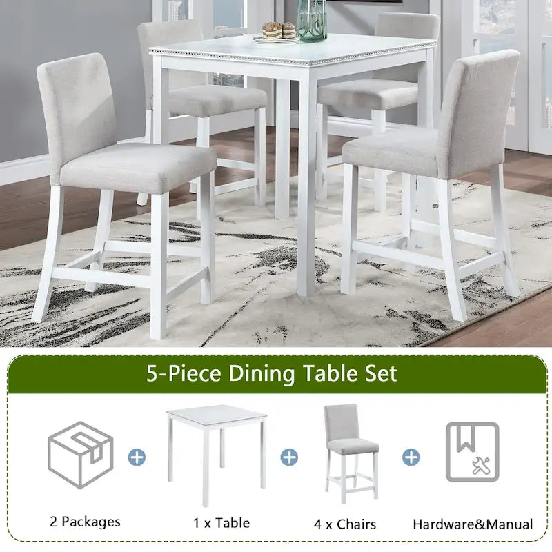 Ensemble de salle à manger 5 pièces, hauteur comptoir, en bois, avec table carrée et 4 chaises rembourrées
