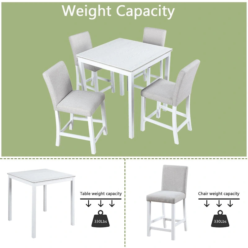 Ensemble de salle à manger 5 pièces, hauteur comptoir, en bois, avec table carrée et 4 chaises rembourrées