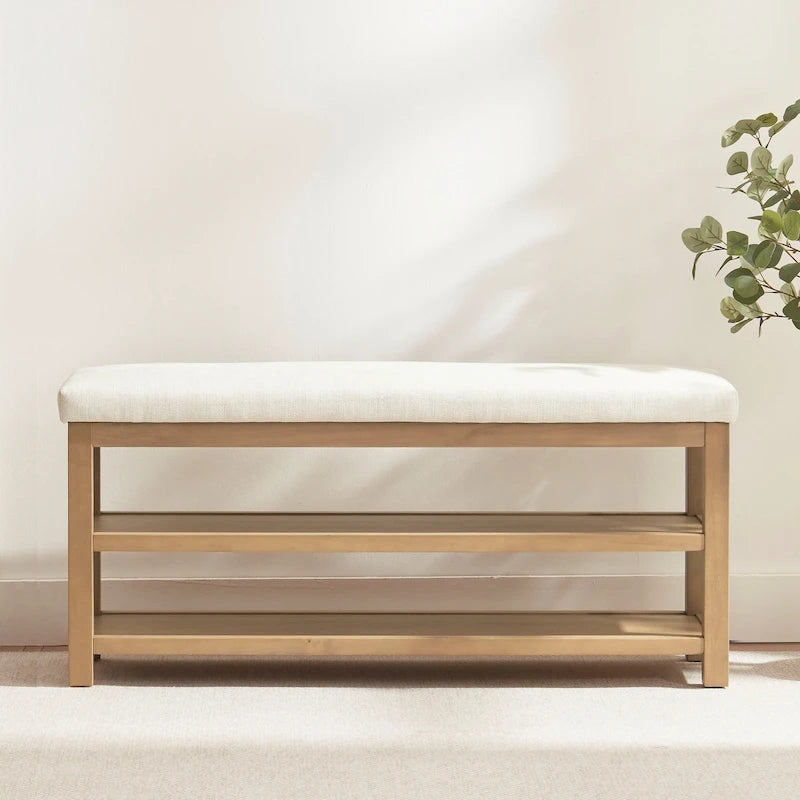 Banc multifonctionnel en bois massif avec étagères de rangement HUIMO 117 cm