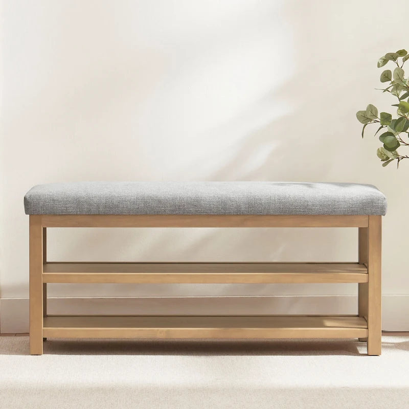Banc multifonctionnel en bois massif avec étagères de rangement HUIMO 117 cm
