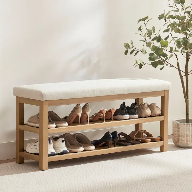 Banc multifonctionnel en bois massif avec étagères de rangement HUIMO 117 cm