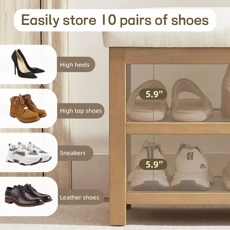 Banc multifonctionnel en bois massif avec étagères de rangement HUIMO 117 cm