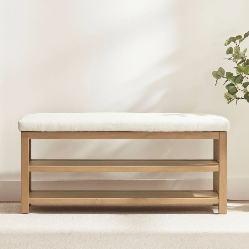 Banc multifonctionnel en bois massif avec étagères de rangement HUIMO 117 cm