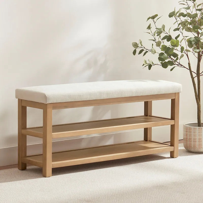 Banc multifonctionnel en bois massif avec étagères de rangement HUIMO 117 cm