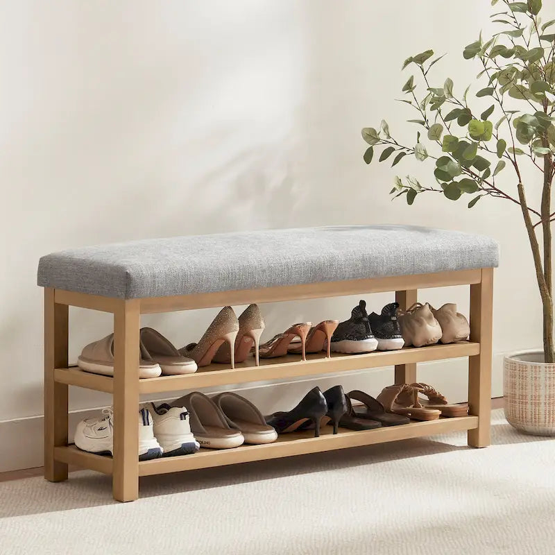 Banc multifonctionnel en bois massif avec étagères de rangement HUIMO 117 cm