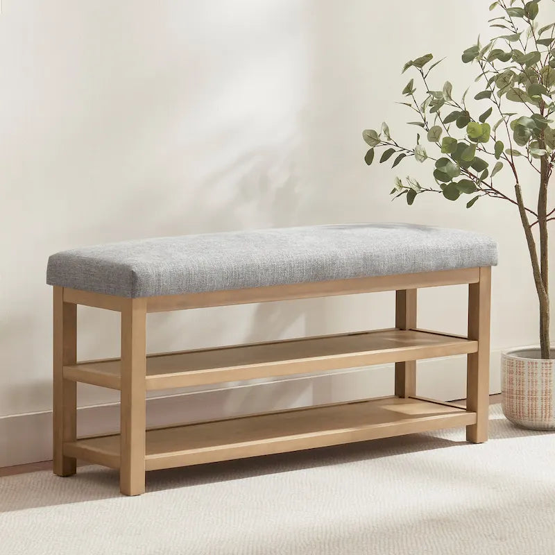 Banc multifonctionnel en bois massif avec étagères de rangement HUIMO 117 cm