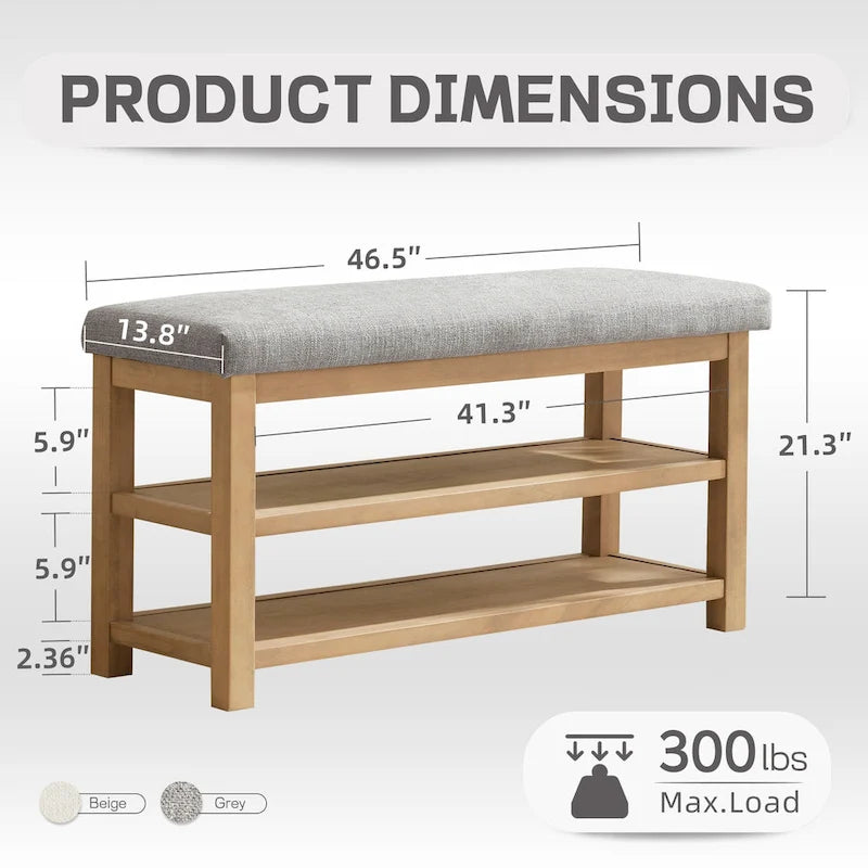 Banc multifonctionnel en bois massif avec étagères de rangement HUIMO 117 cm