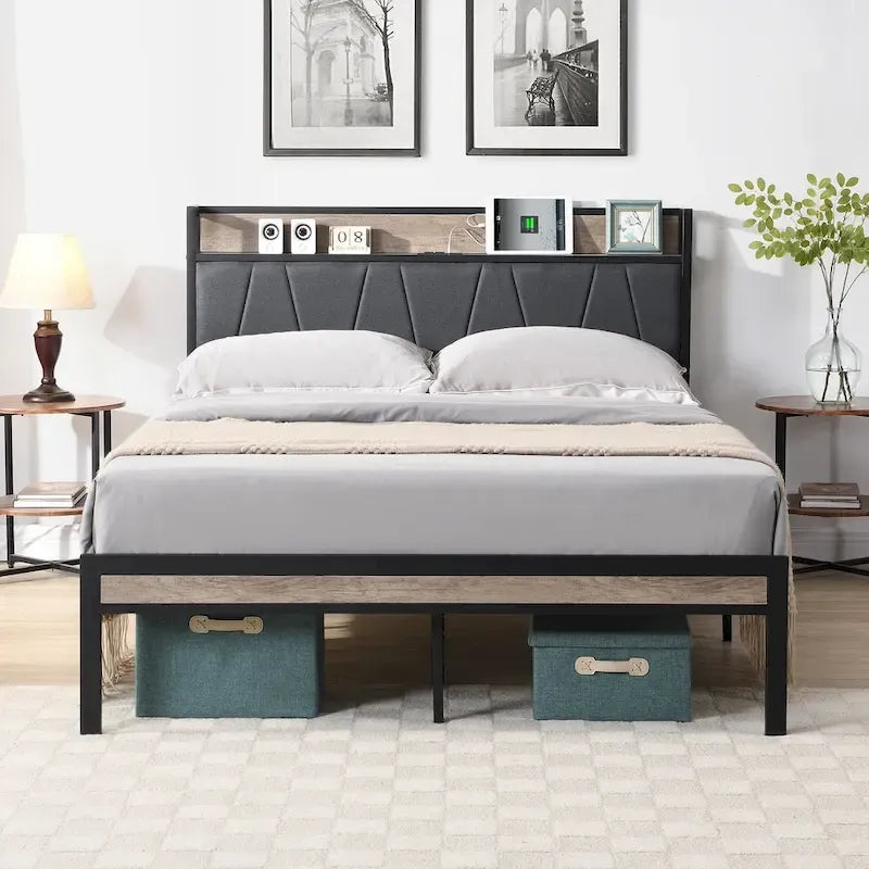 Queen Size Metal Platform Bed with Upholstered Headboard and USB