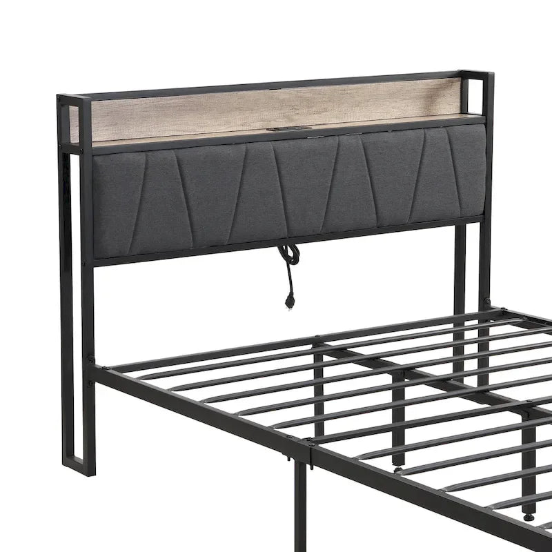 Lit plateforme en métal format grand lit avec tête de lit rembourrée et port USB