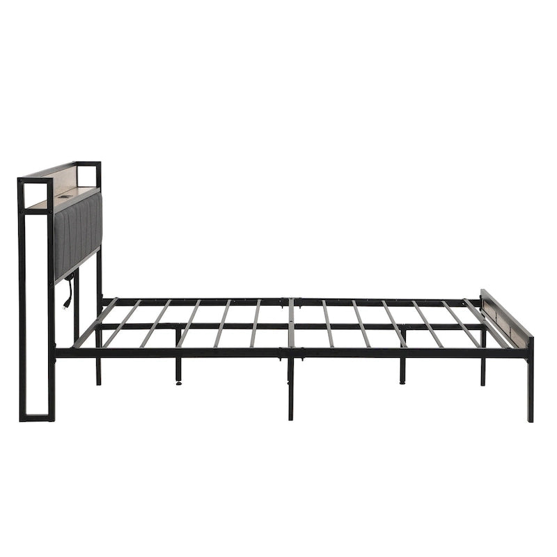 Lit plateforme en métal format grand lit avec tête de lit rembourrée et port USB