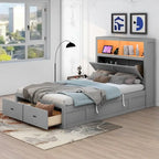 Lit double en bois gris avec tête de lit LED, station de charge, 2 tiroirs