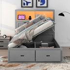 Lit double en bois gris avec tête de lit LED, station de charge, 2 tiroirs