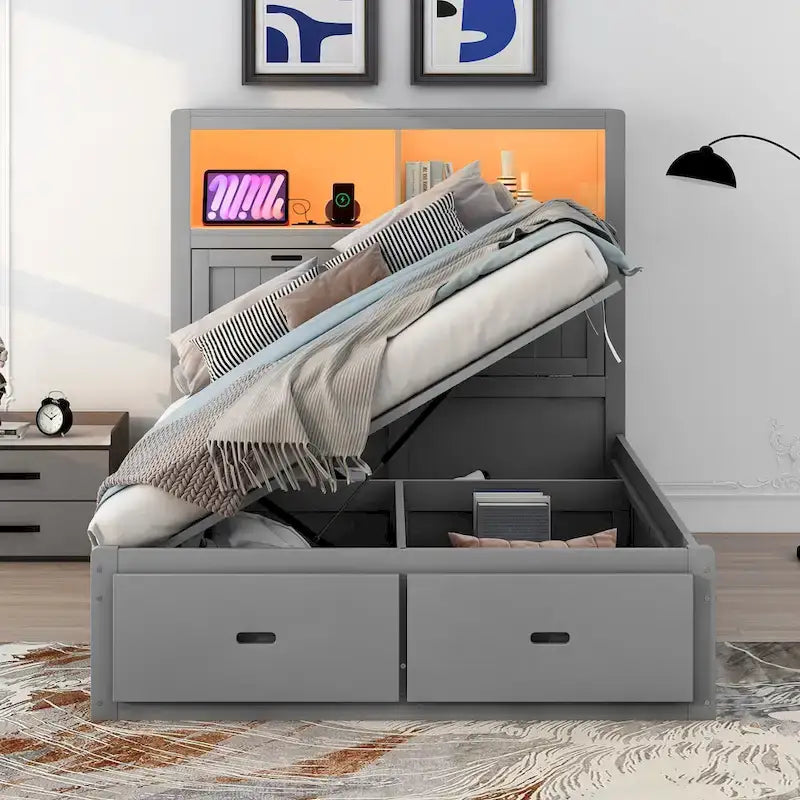 Lit double en bois gris avec tête de lit LED, station de charge, 2 tiroirs