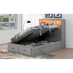 Lit double en bois gris avec tête de lit LED, station de charge, 2 tiroirs