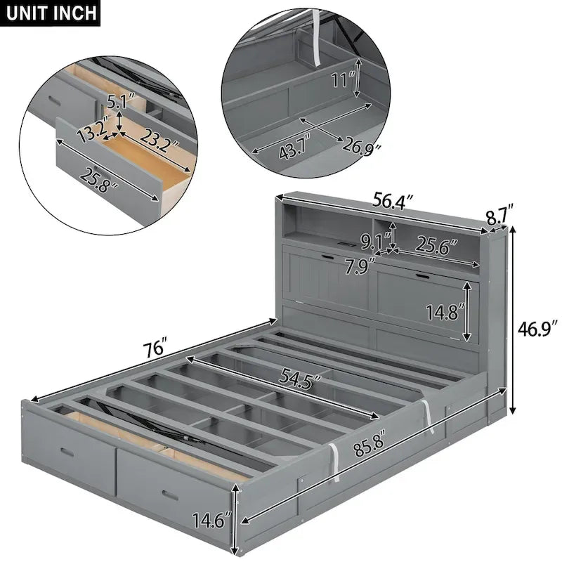 Lit double en bois gris avec tête de lit LED, station de charge, 2 tiroirs