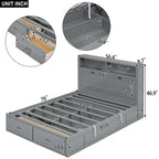 Lit double en bois gris avec tête de lit LED, station de charge, 2 tiroirs