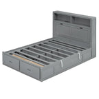 Lit double en bois gris avec tête de lit LED, station de charge, 2 tiroirs