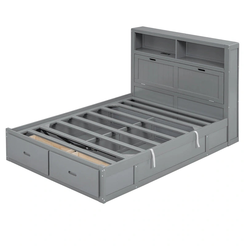 Lit double en bois gris avec tête de lit LED, station de charge, 2 tiroirs