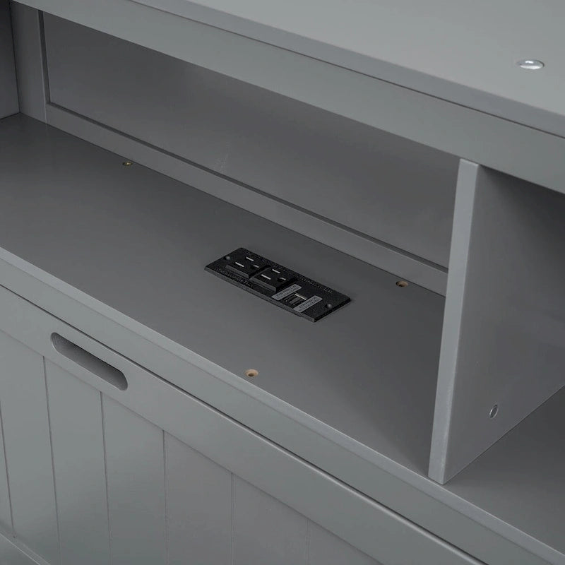 Lit double en bois gris avec tête de lit LED, station de charge, 2 tiroirs