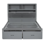 Lit double en bois gris avec tête de lit LED, station de charge, 2 tiroirs