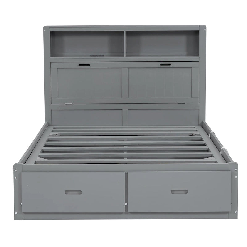Lit double en bois gris avec tête de lit LED, station de charge, 2 tiroirs