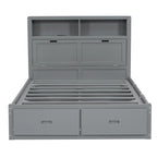 Lit double en bois gris avec tête de lit LED, station de charge, 2 tiroirs