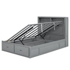 Lit double en bois gris avec tête de lit LED, station de charge, 2 tiroirs