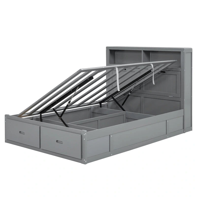 Lit double en bois gris avec tête de lit LED, station de charge, 2 tiroirs