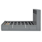 Lit double en bois gris avec tête de lit LED, station de charge, 2 tiroirs