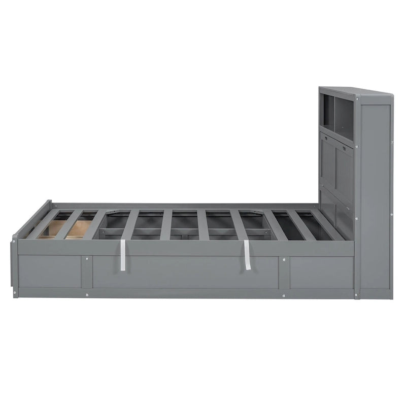 Lit double en bois gris avec tête de lit LED, station de charge, 2 tiroirs
